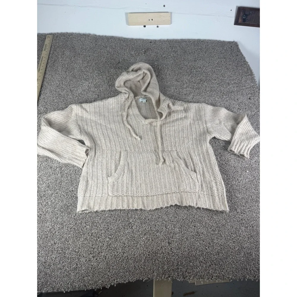 Aerie Womens XS Oatmeal Beige Ribbed Knit Wool Blend Hoodie Sweater Kangaroo